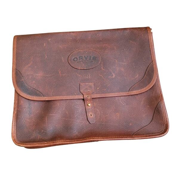 ORVIS Bullhide Brown Thick Leather Bag Vintage Portfolio Briefcase Weekend - Picture 9 of 15